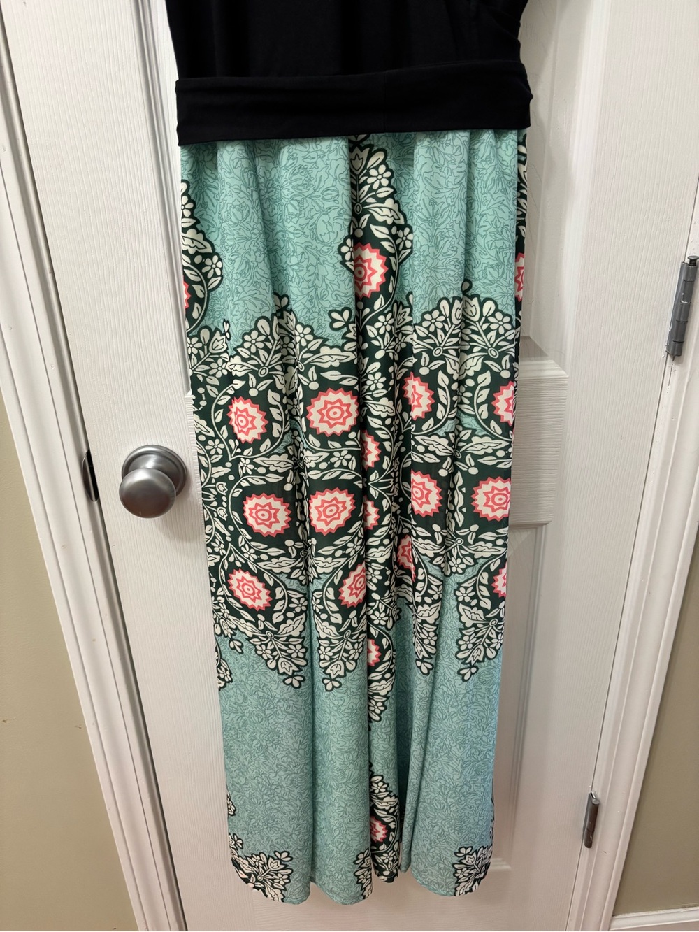 Eshakti Custom XL Black Wrap Midi Dress Green Floral Medallion Short Sleeve Tie - Picture 4 of 9